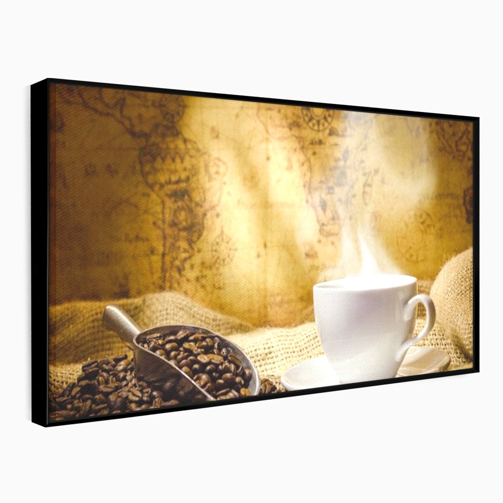 Tablou canvas cu ceasca de cafea cu boabe pe sac de iuta, in rama de aluminiu negru
